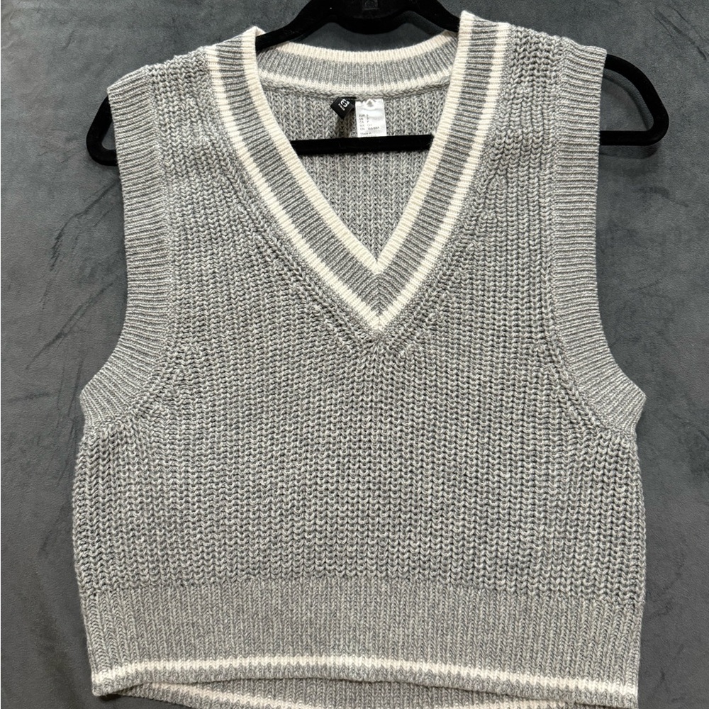 Gray and White Knit Sweater Vest